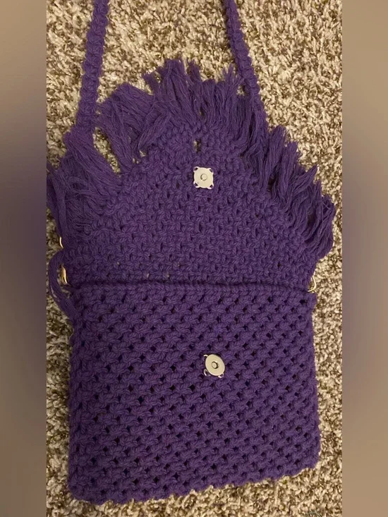Handcrafted Purple Crochet Fringe Crossbody Bag - Picture 3 of 5